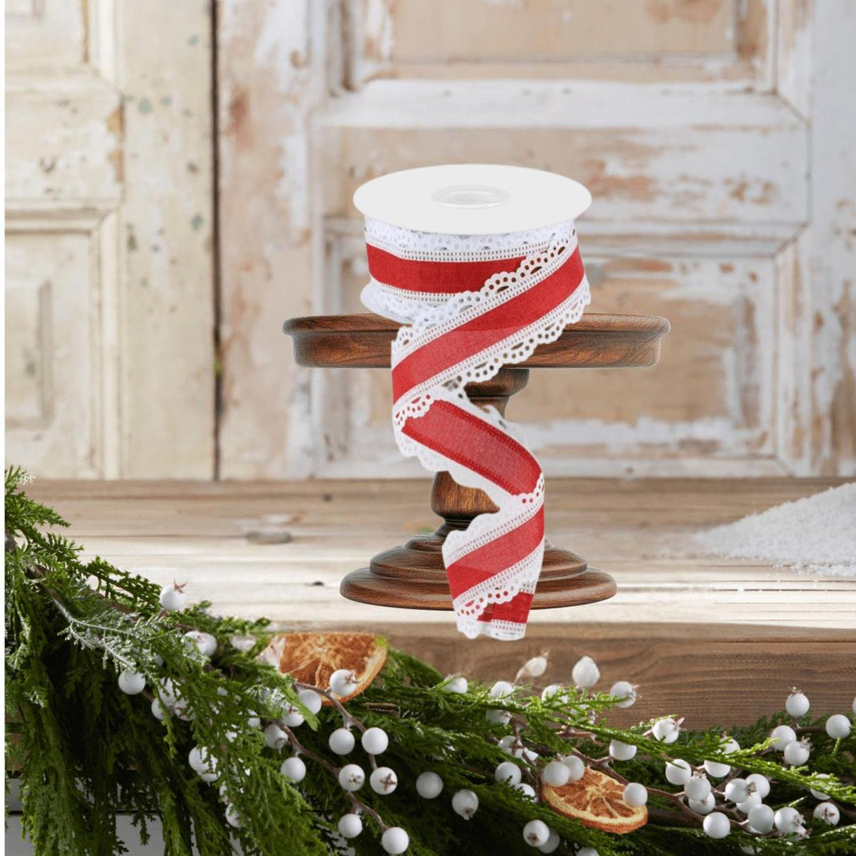 1.5" Scalloped Edge Ribbon: Red/White (10 Yard)