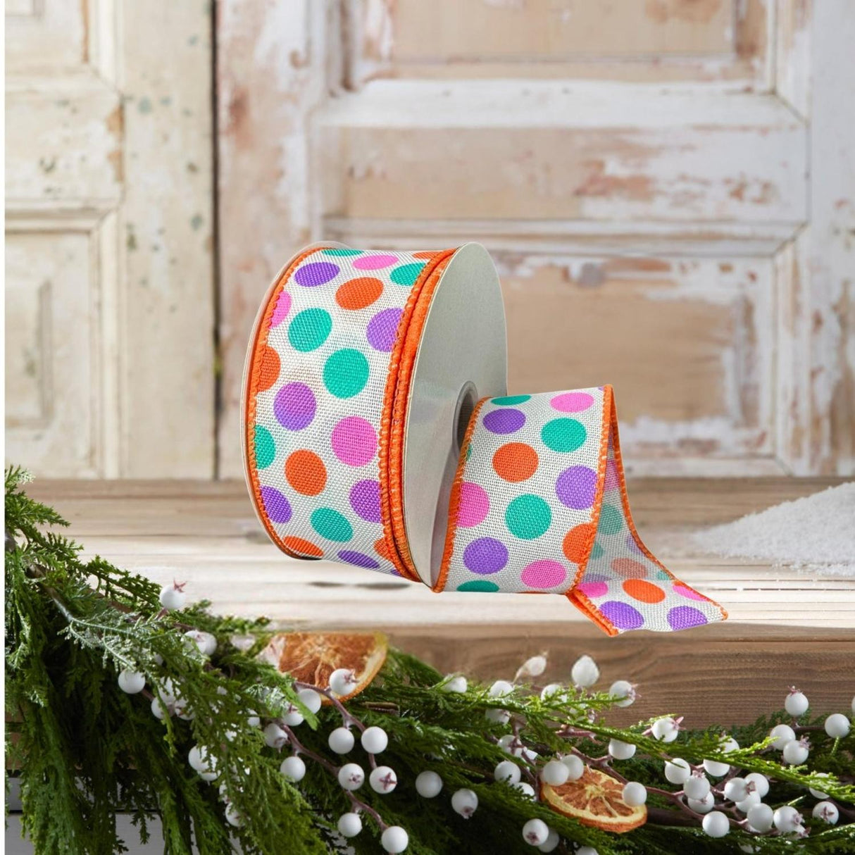 1.5" Stiff Linen Polka Dot Ribbon: Multi (10 Yards)