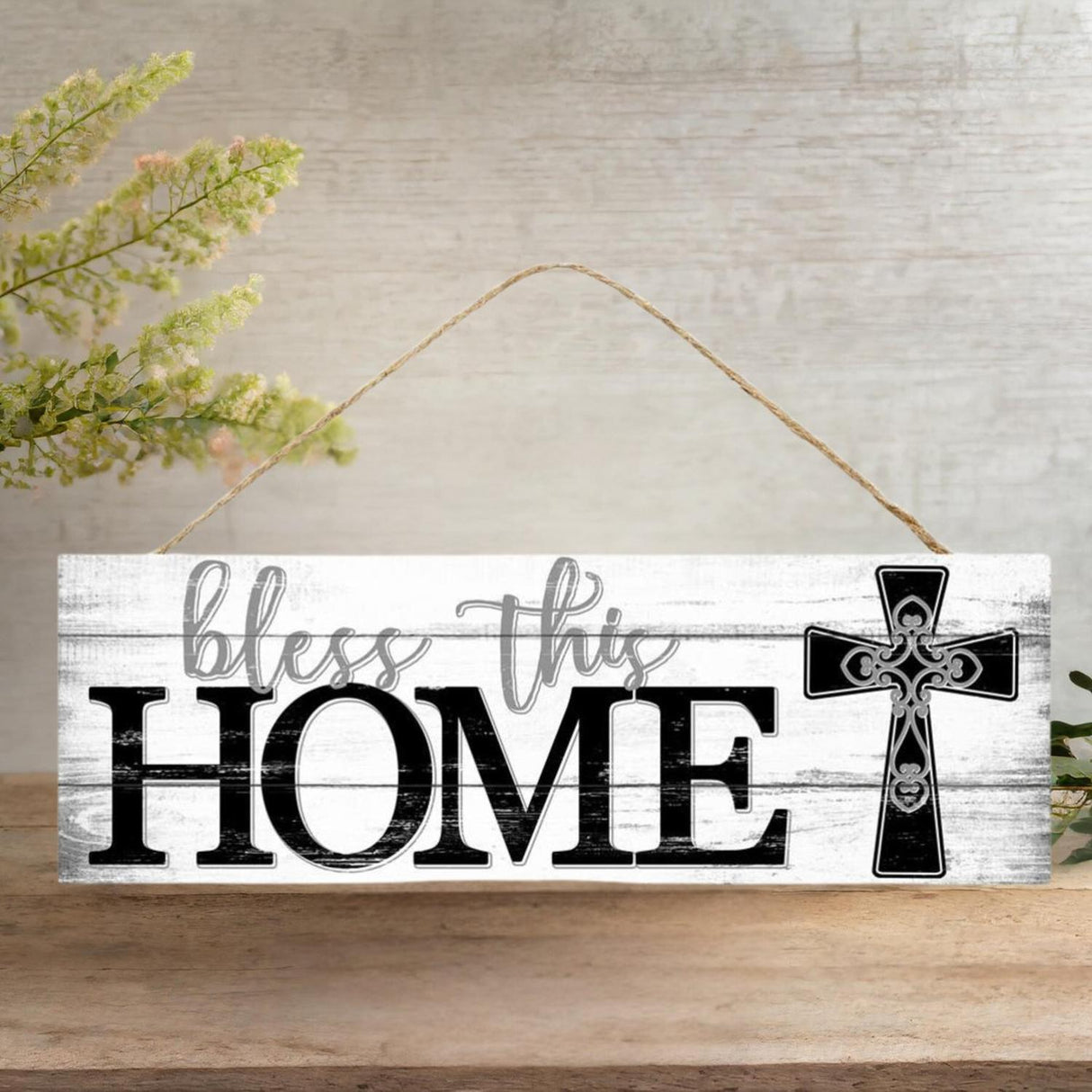 15" Wooden Sign: White Bless This Home