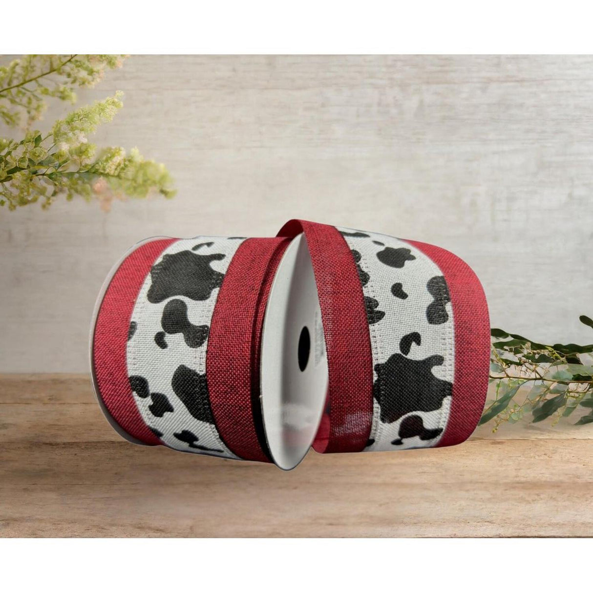 2.5" Black Linen Cow Print Ribbon: Dark Red (10 Yards)