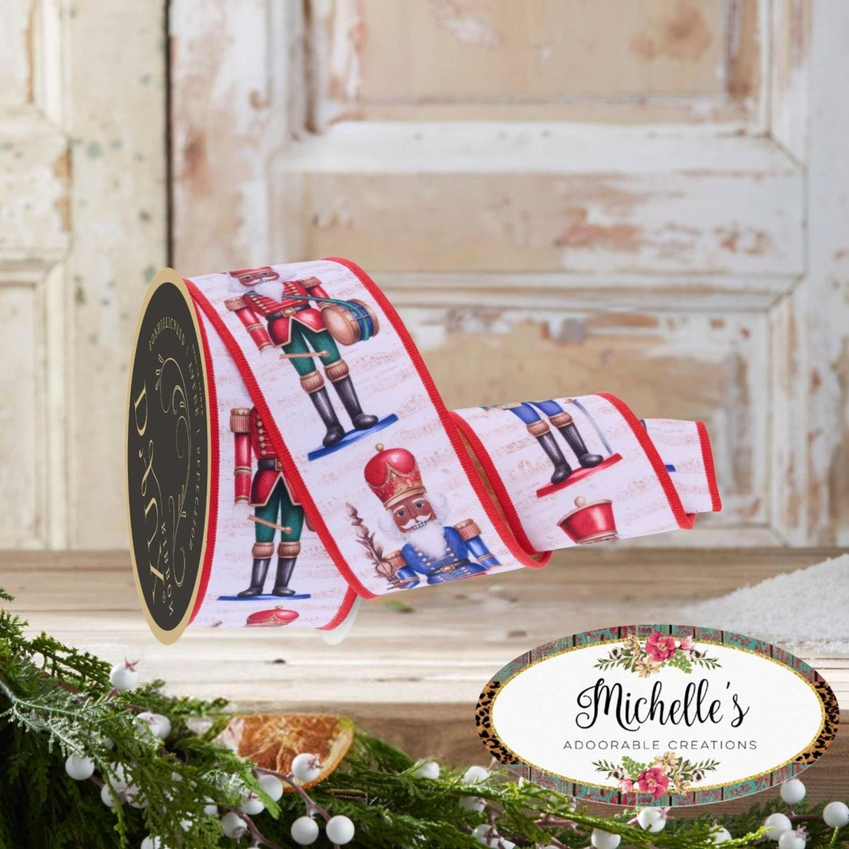2.5" D'Lux Nutcracker Fused Ribbon: White/Red (10 Yards)