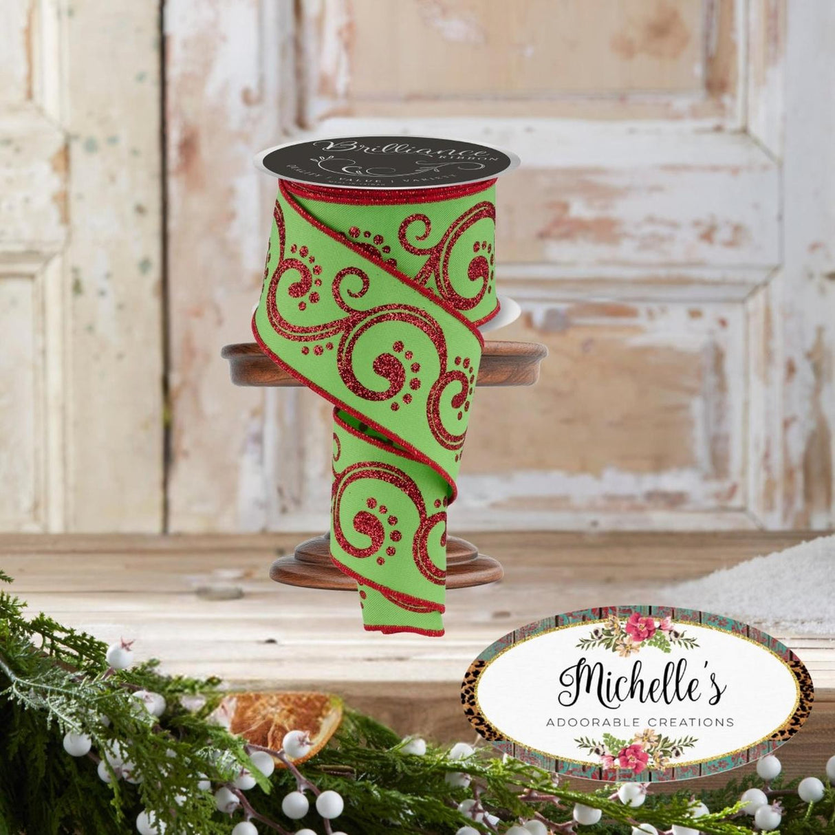 2.5" D'Lux Swirl Design Ribbon: Lime/Red (10 Yards)