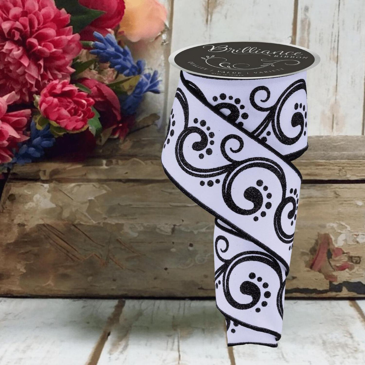 2.5" D'Lux Swirl Design Ribbon: White/Black (10 Yards)