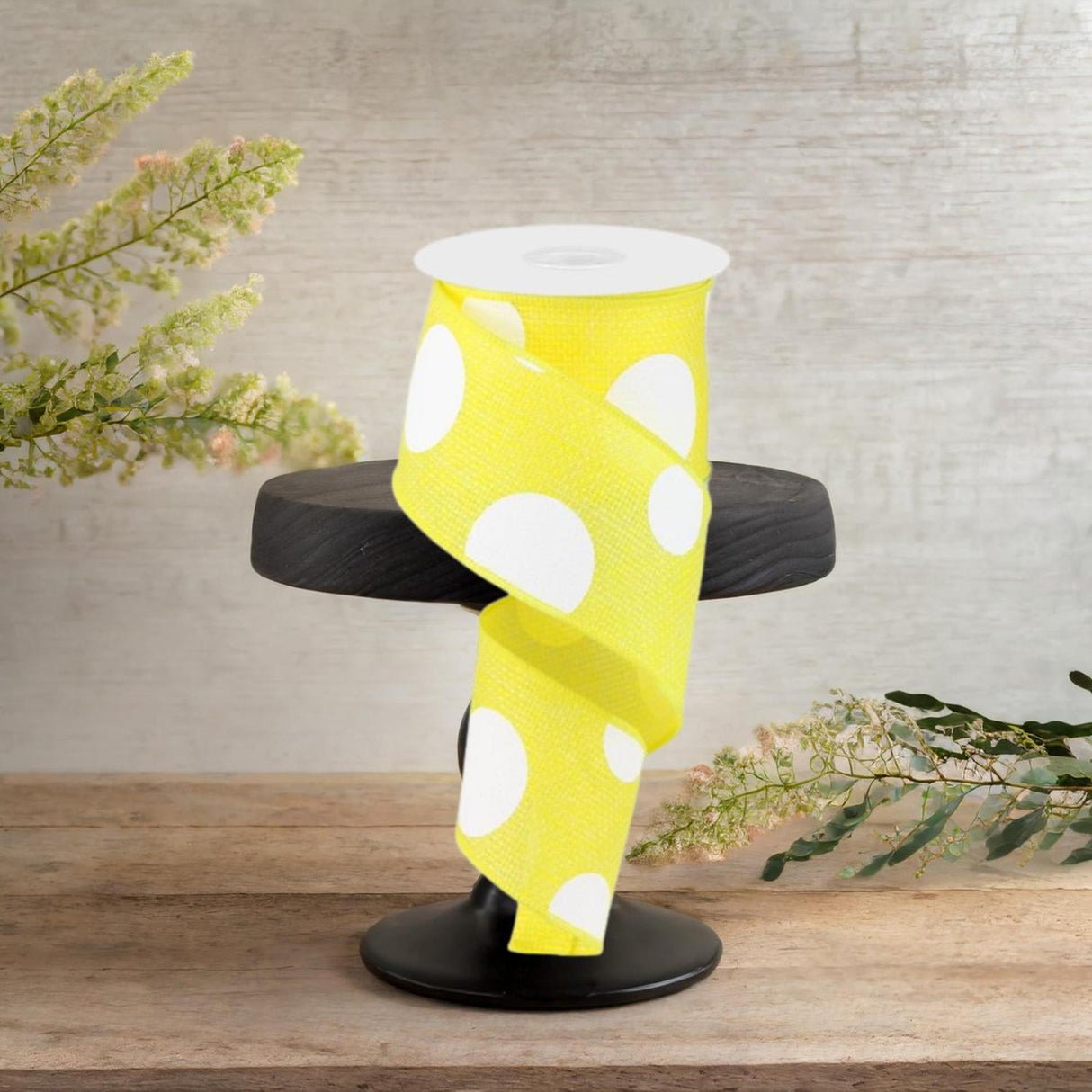 2.5" Faux Burlap Giant Polka Dot Ribbon: Yellow & White (10 Yards)