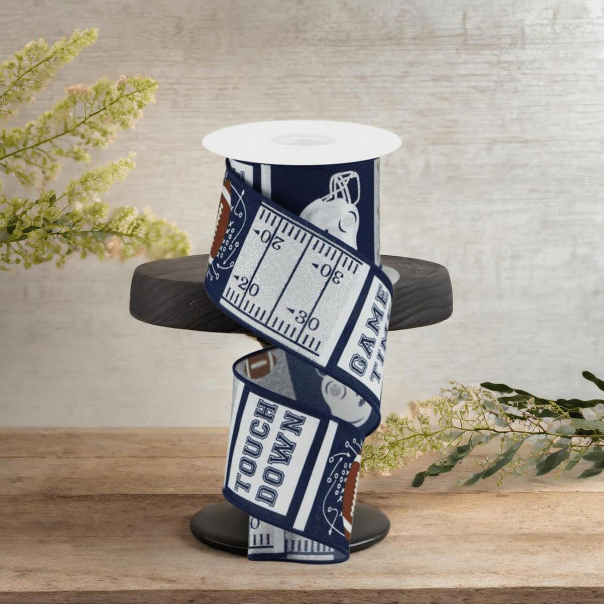 2.5" Football Block Pattern Ribbon: Navy/Silver (10 Yards)