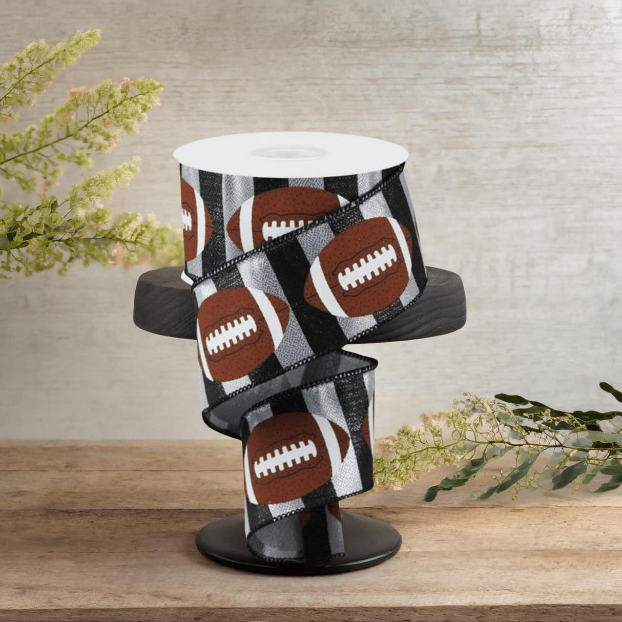 2.5" Footballs On Stripe Ribbon: Black & Silver (10 Yards)