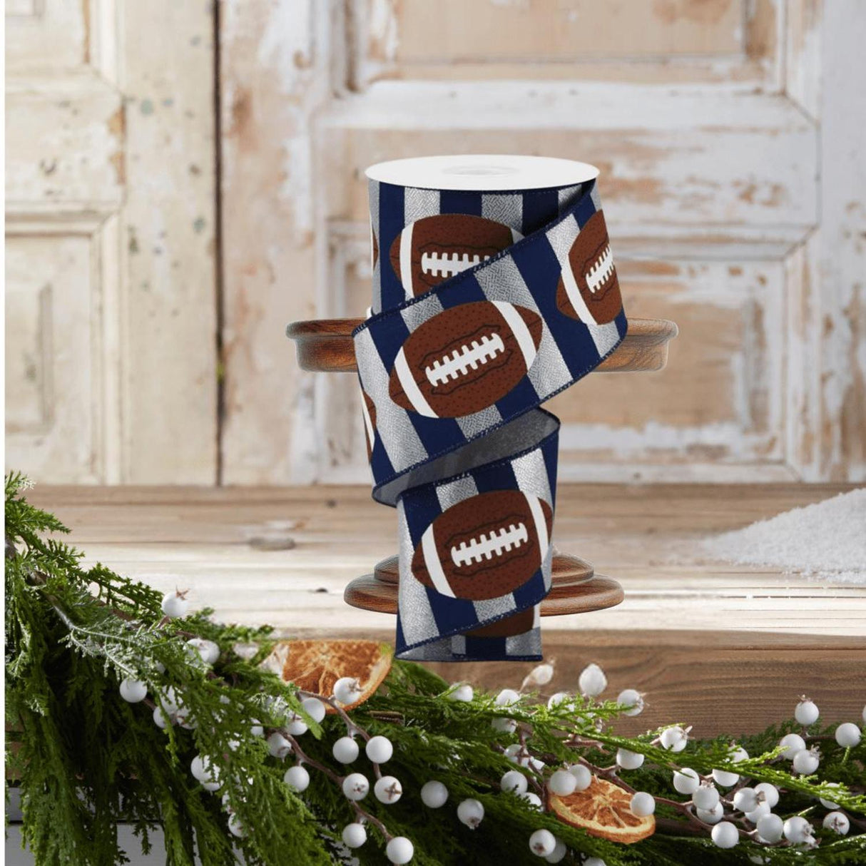 2.5" Footballs On Stripe Ribbon: Silver & Navy (10 Yards)