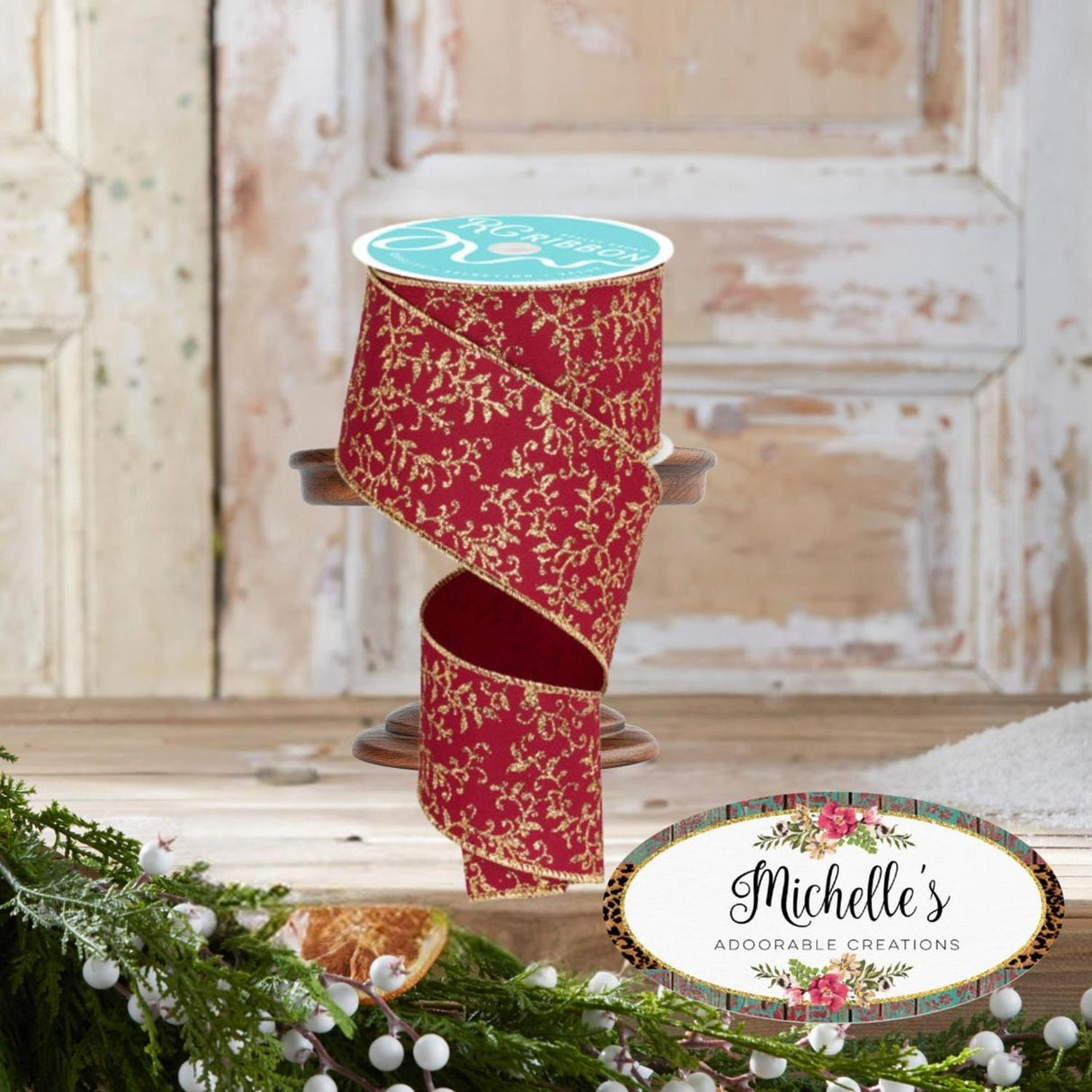 2.5" Glitter Mini Leaf Vines Ribbon: Wine/Gold (10 Yards)