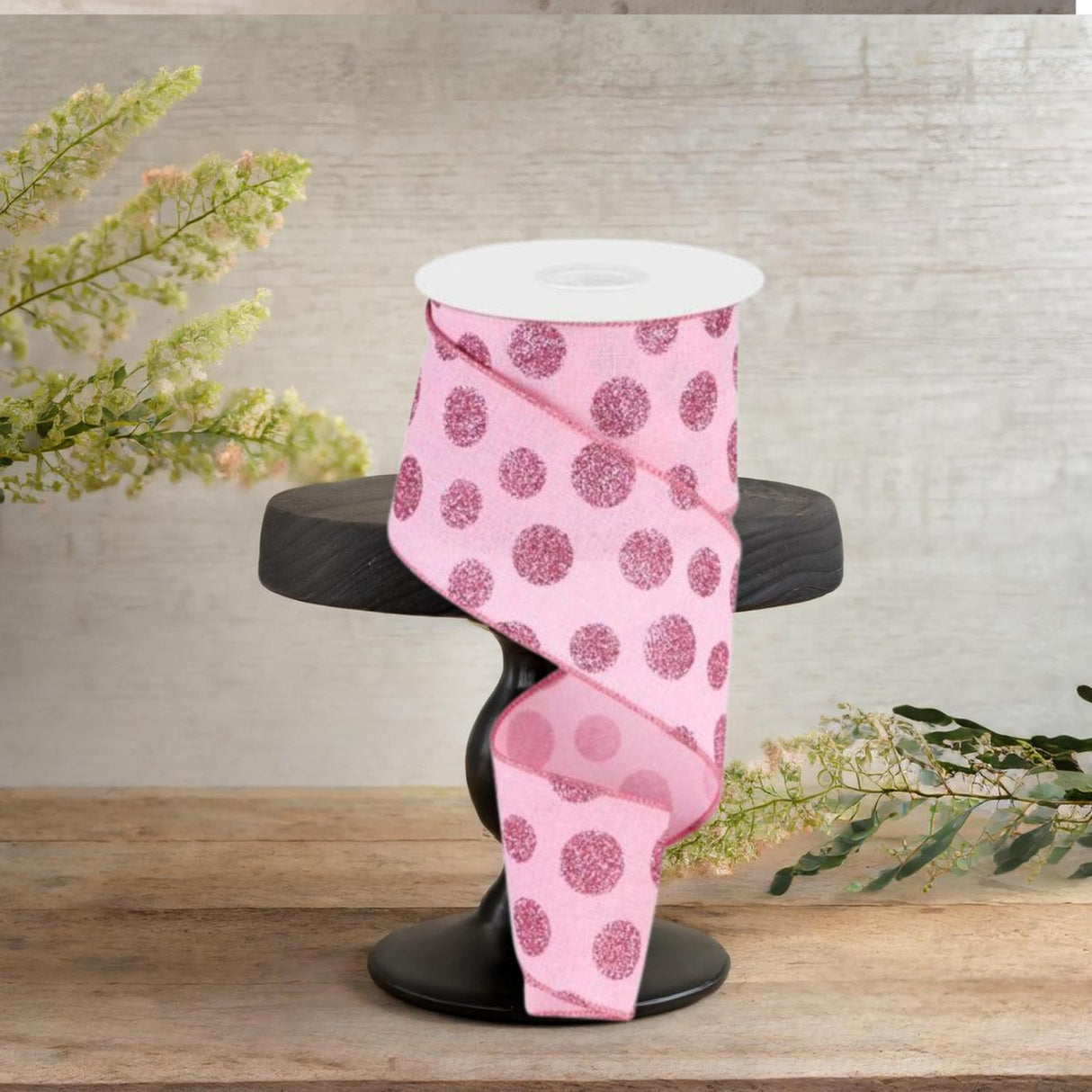 2.5" Glitter Polka Dot Ribbon: Light Pink (10 Yards)