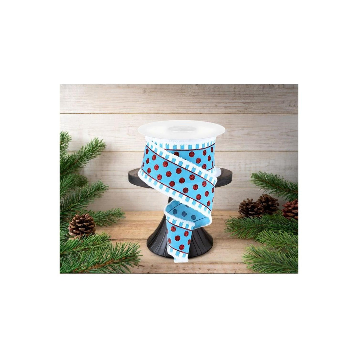 2.5" Glitter Stripes Polka Dot Drift Edge Ribbon: Turquoise & Red (10 Yards)