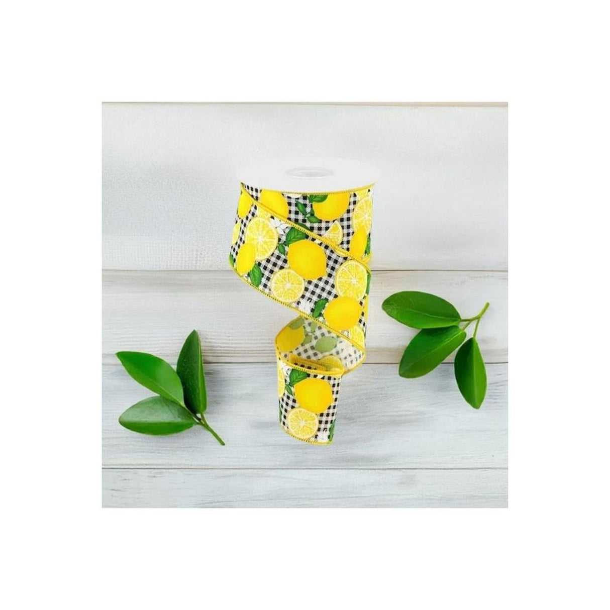 2.5" Lemon with Leaves Check Ribbon: Black & White (10 Yards)