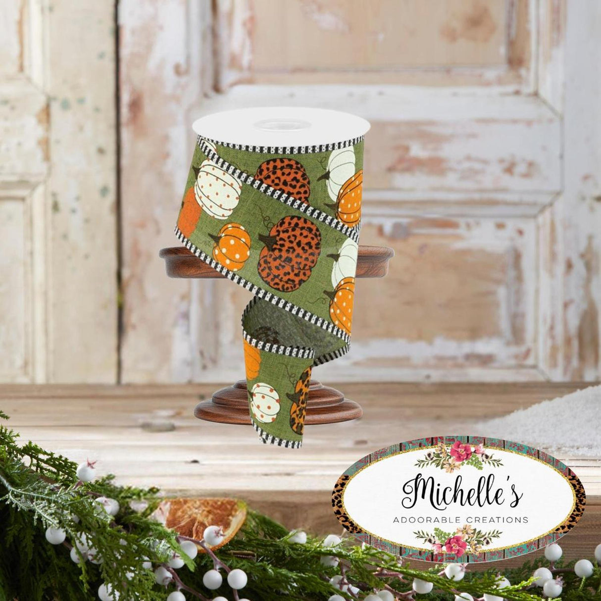 2.5" Leopard Pumpkins Stripe Edge: Moss Green (10 Yards)