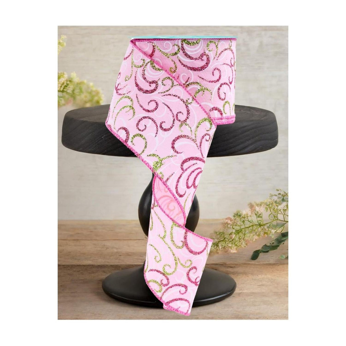 2.5" Multi Swirls Glitter Ribbon: Light Pink/Lime/White (10 Yard)