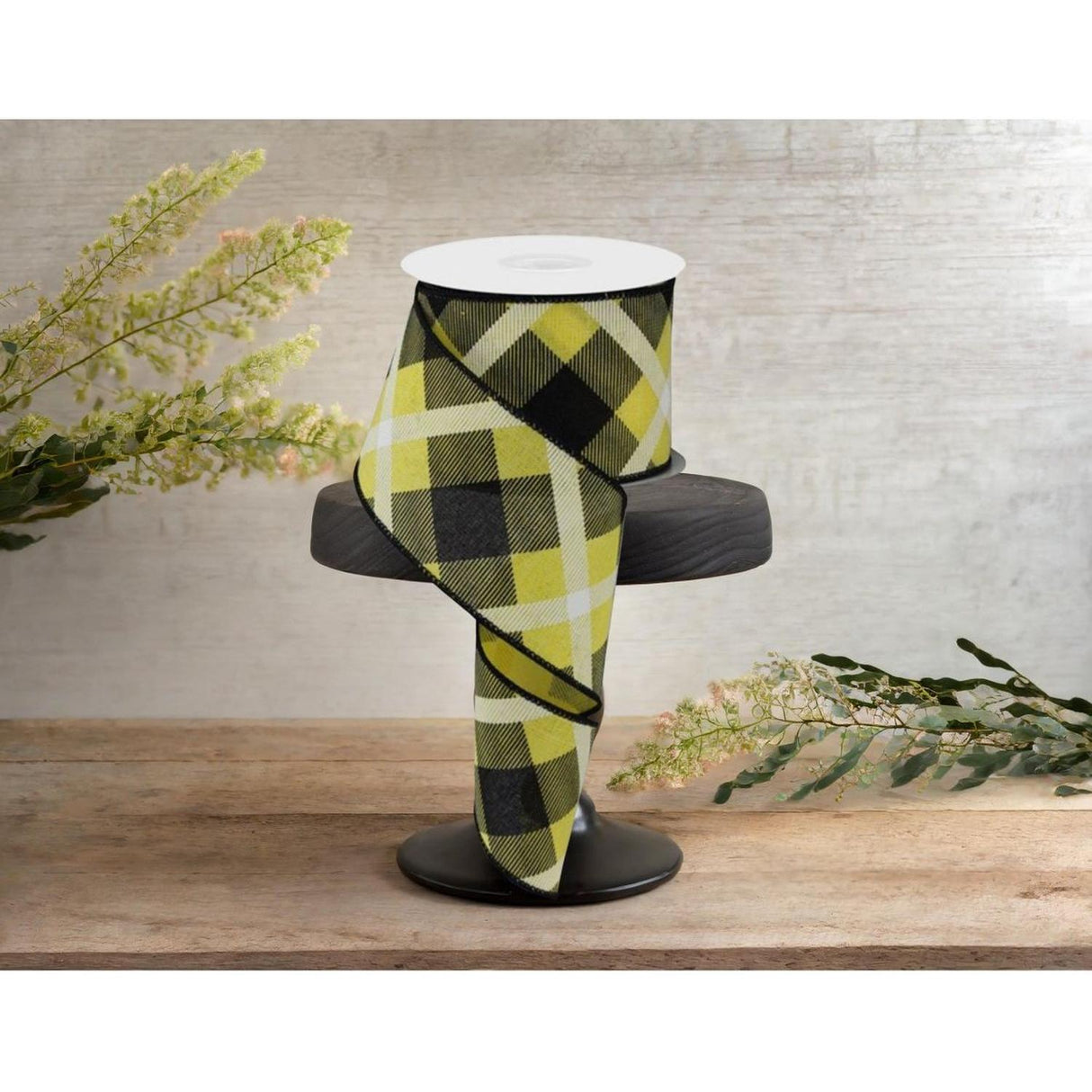 2.5" Printed Plaid Ribbon: Yellow, Black, White