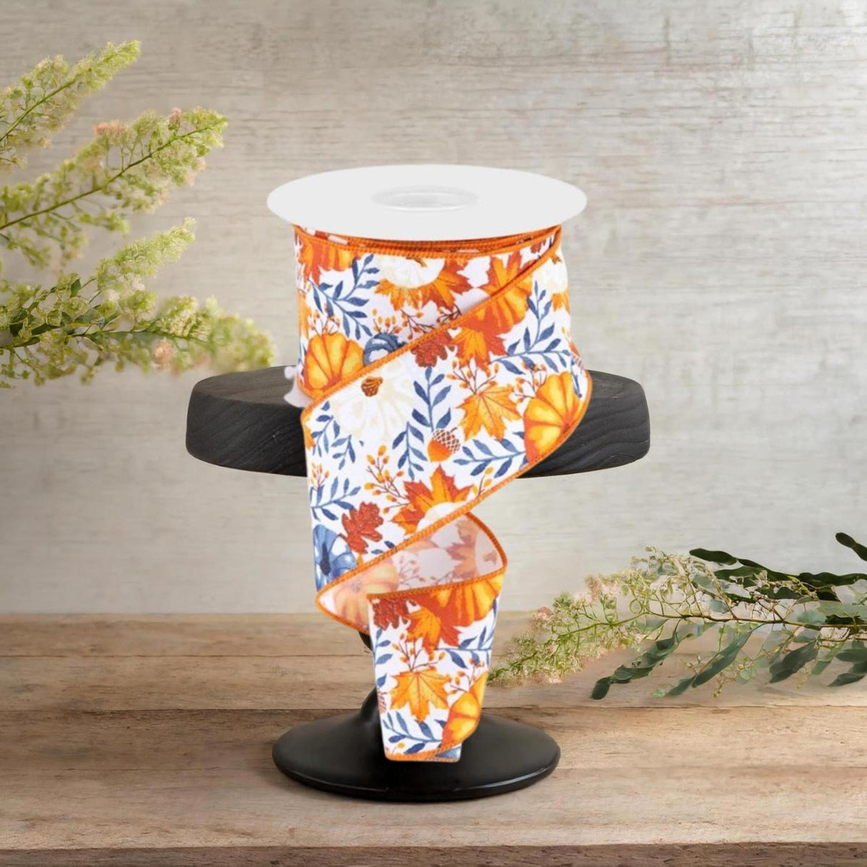 2.5" Pumpkin Foliage Ribbon: White/Navy (10 Yards)