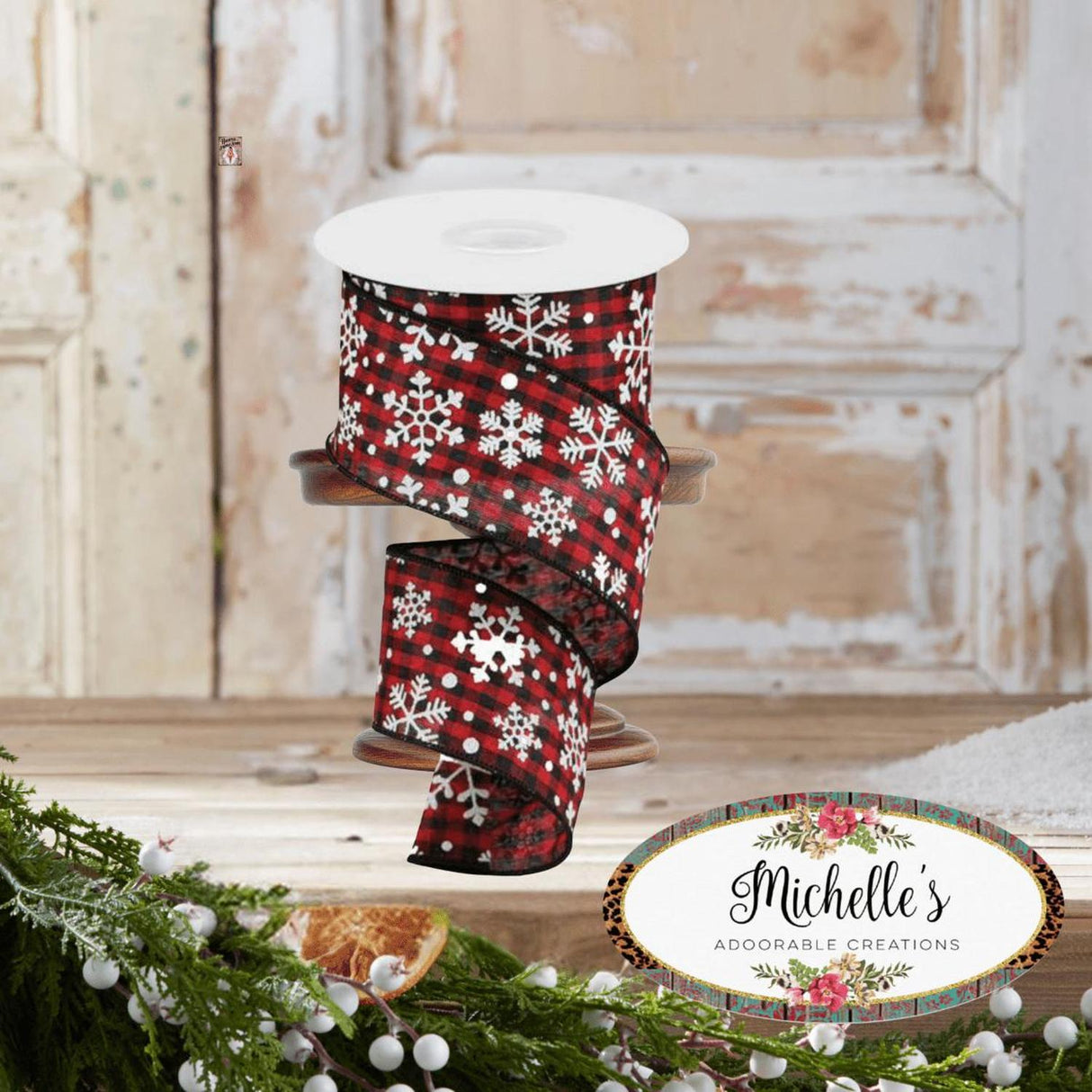 2.5" Snowflake Ribbon: Black & Red (10 Yards)