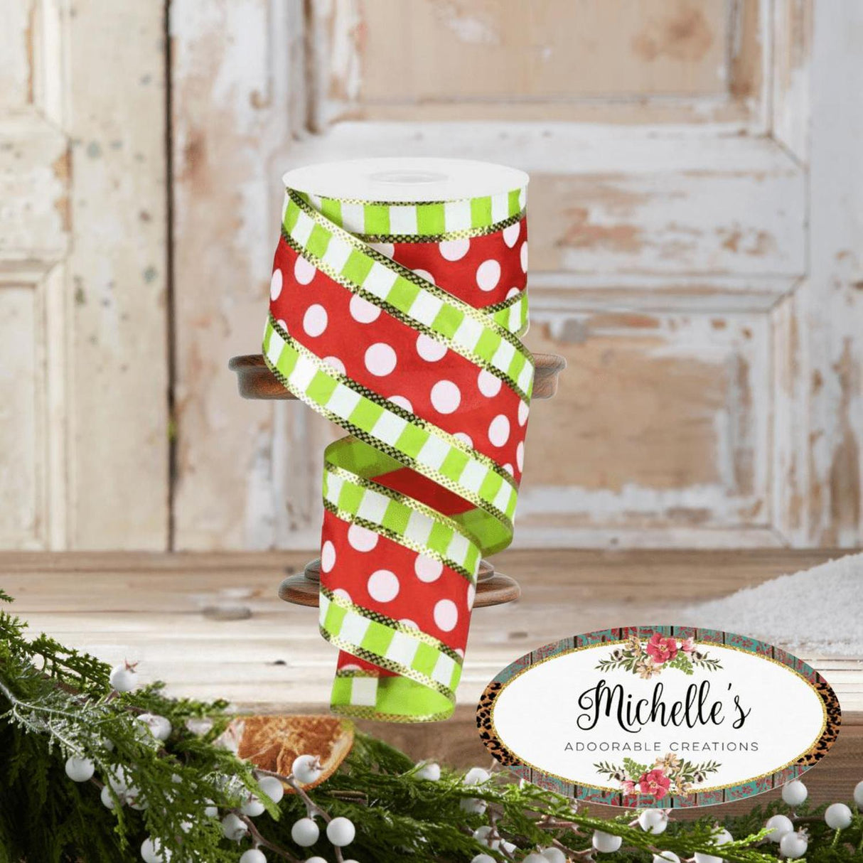 2.5" Striped Edge Polka Dot Ribbon: Red, Lime & White (10 Yards)