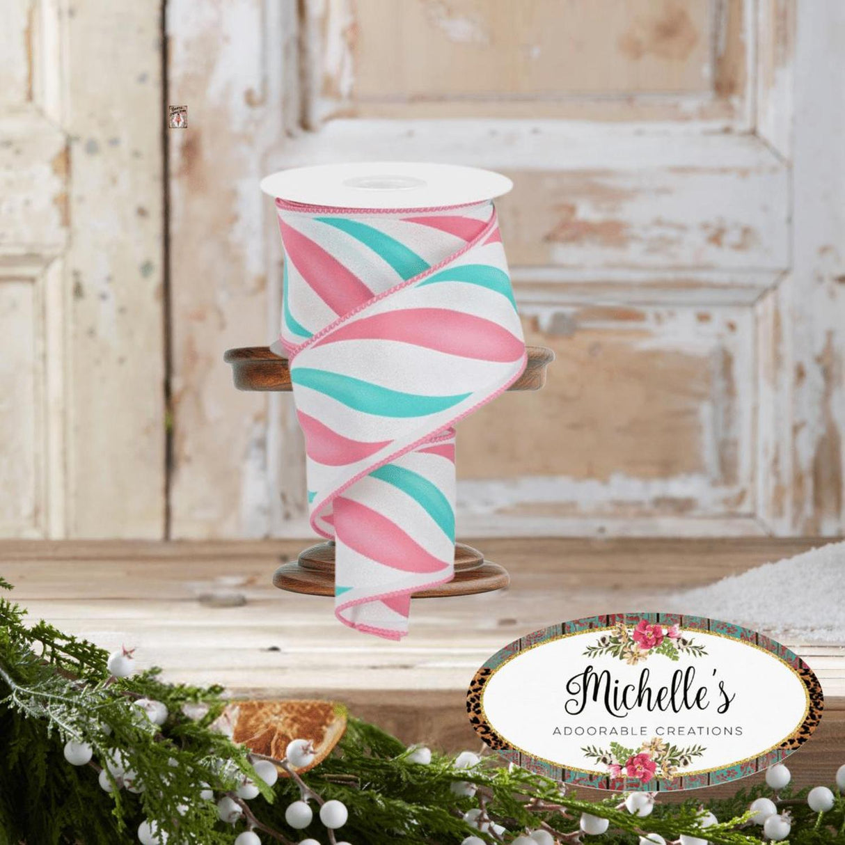 2.5" Swirl Candy Stripe Ribbon: Pink/Ice Blue (10 Yards)