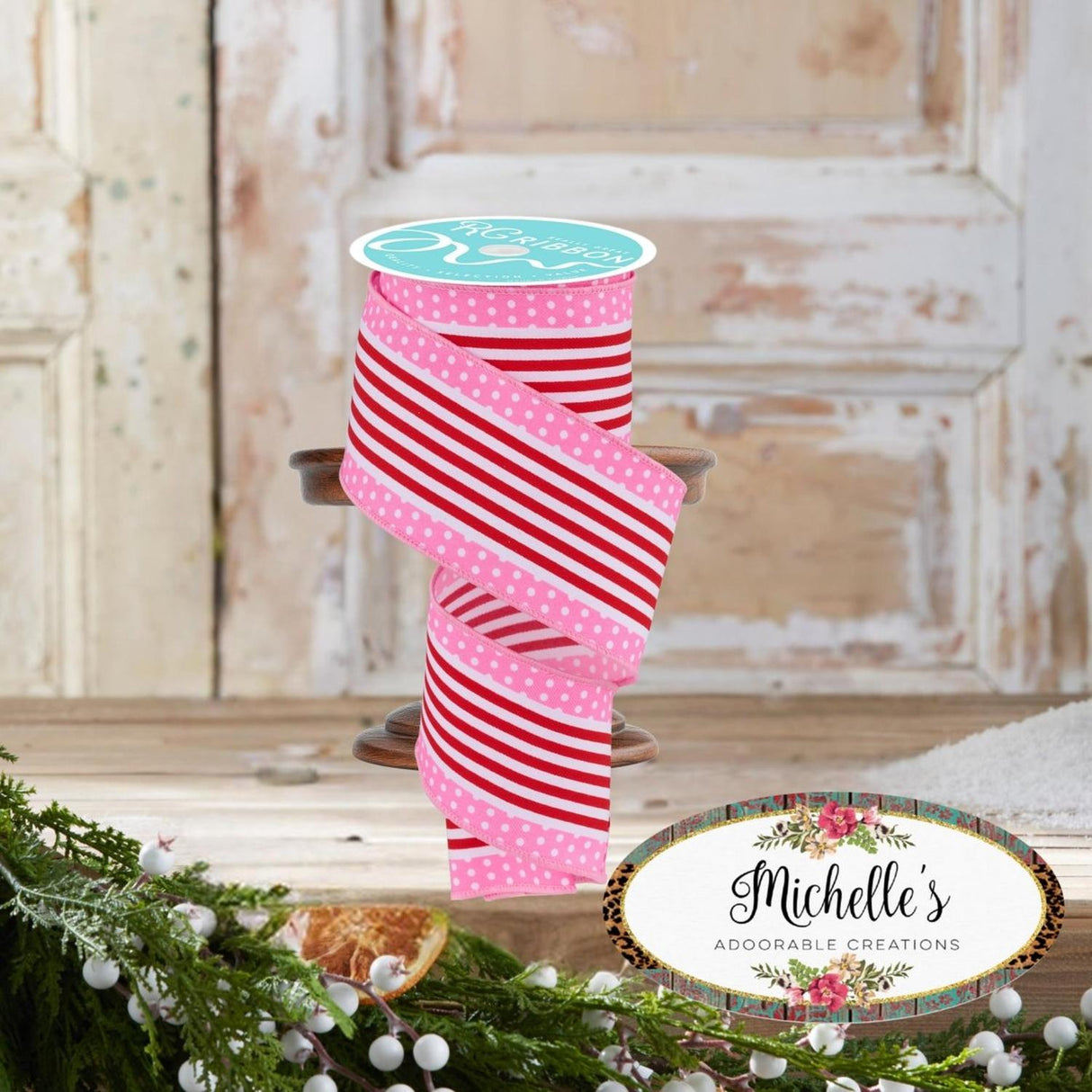 2.5" Vertical Stripe Polka Dot Edge Ribbon: Red/Pink (10 Yards)