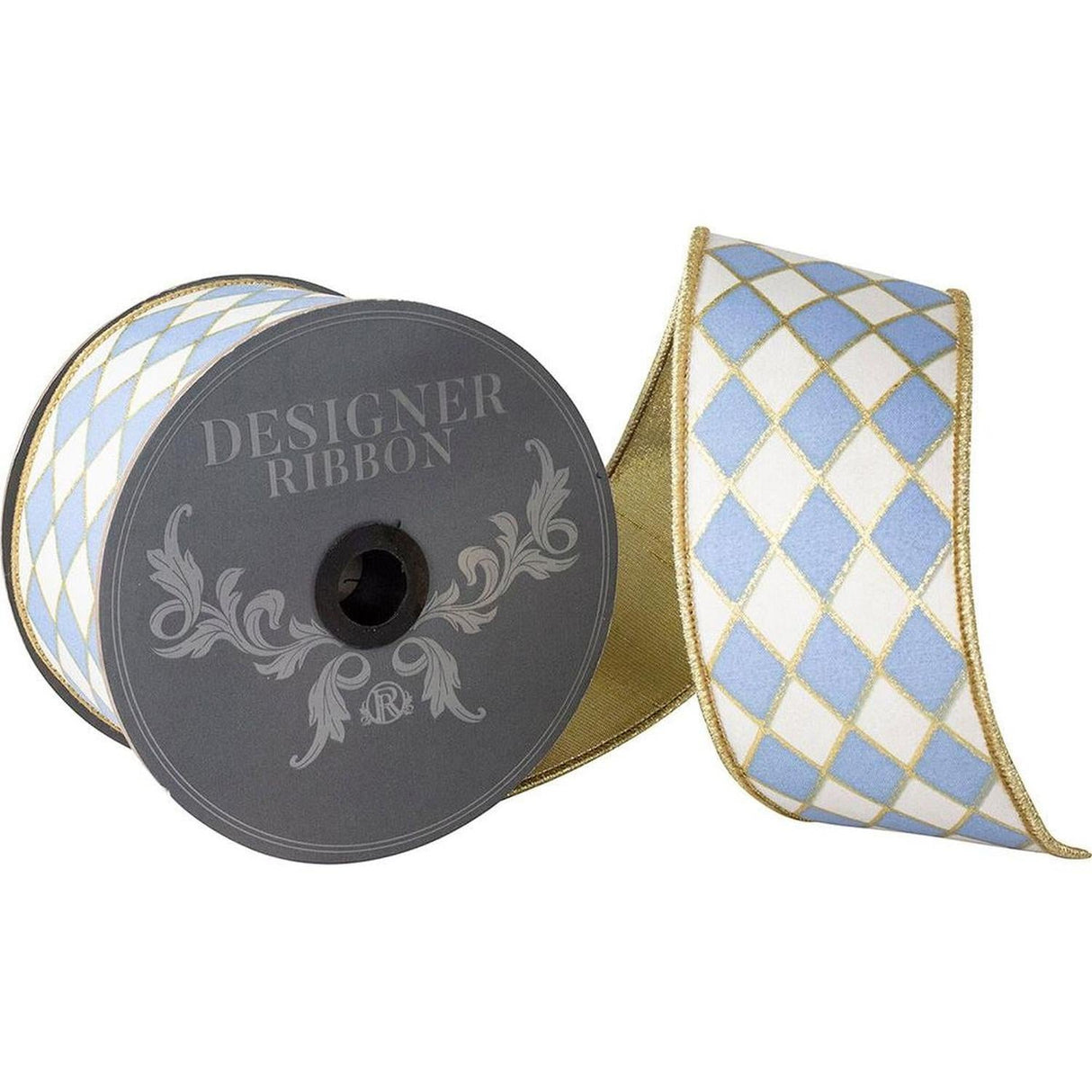 2.5in French Blue Gold Trim Harlequin Ribbon (10 Yards)
