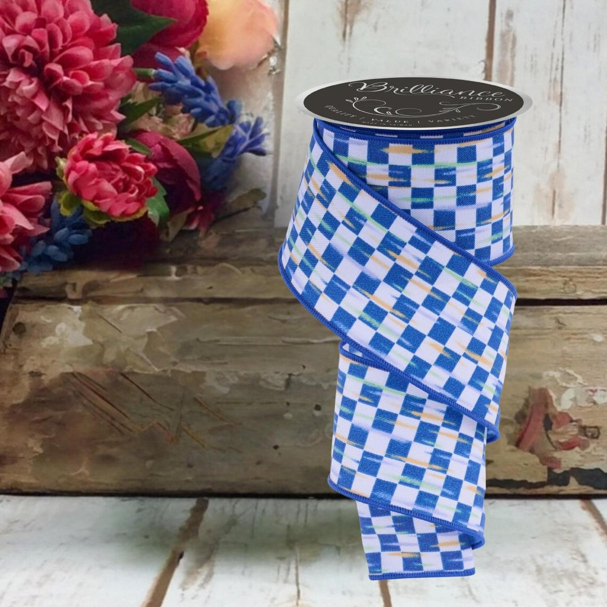 2.5in Mini Antique Checker Ribbon: Blue (10 Yards)