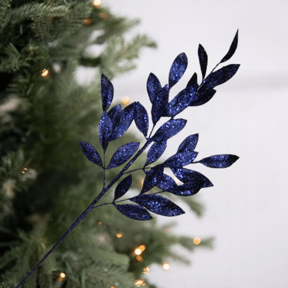 31" Glitter Bay Leaf Spray: Navy Blue
