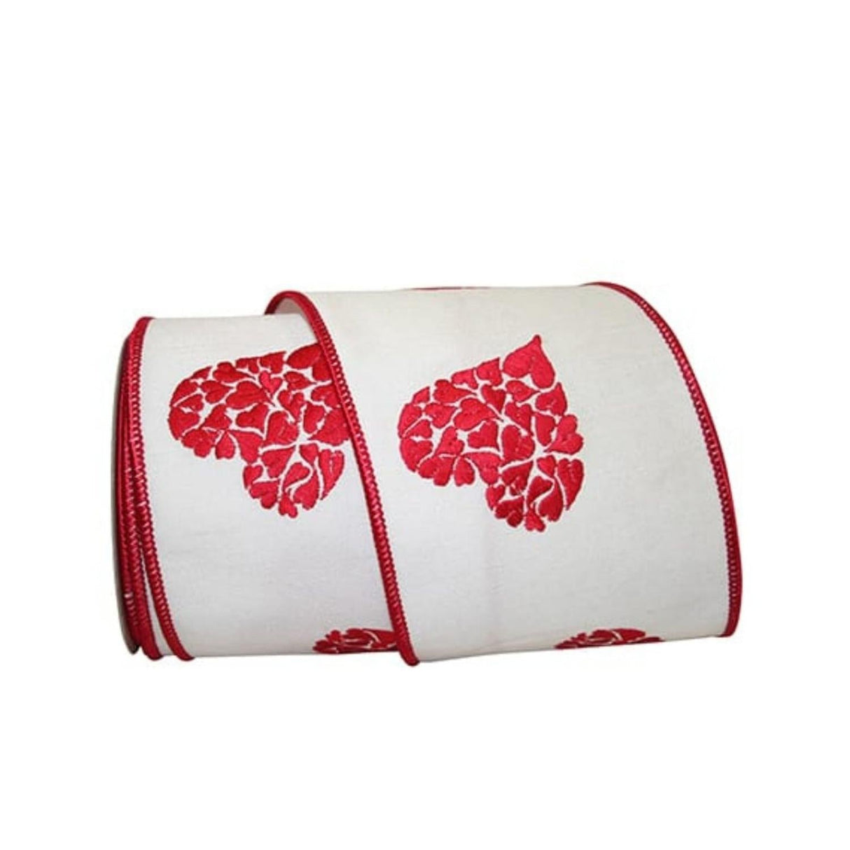 4" Embroidered Hearts Ribbon: White/Red (10 Yards)