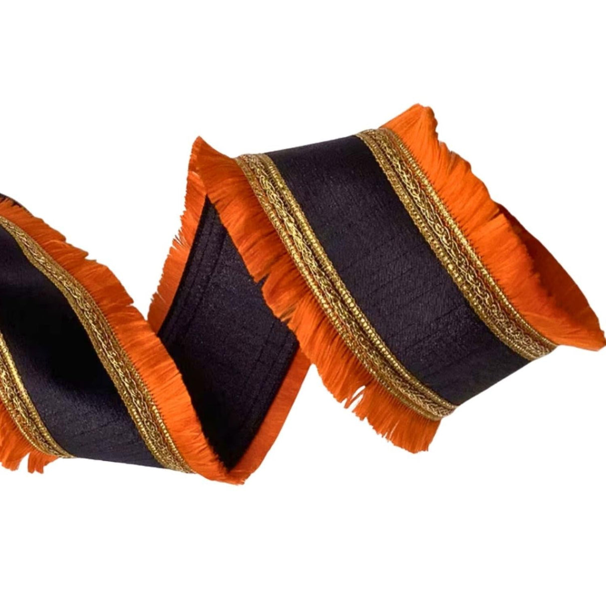 4" Metallic Dupion Fringe Ribbon: Orange/Black (10 Yards)