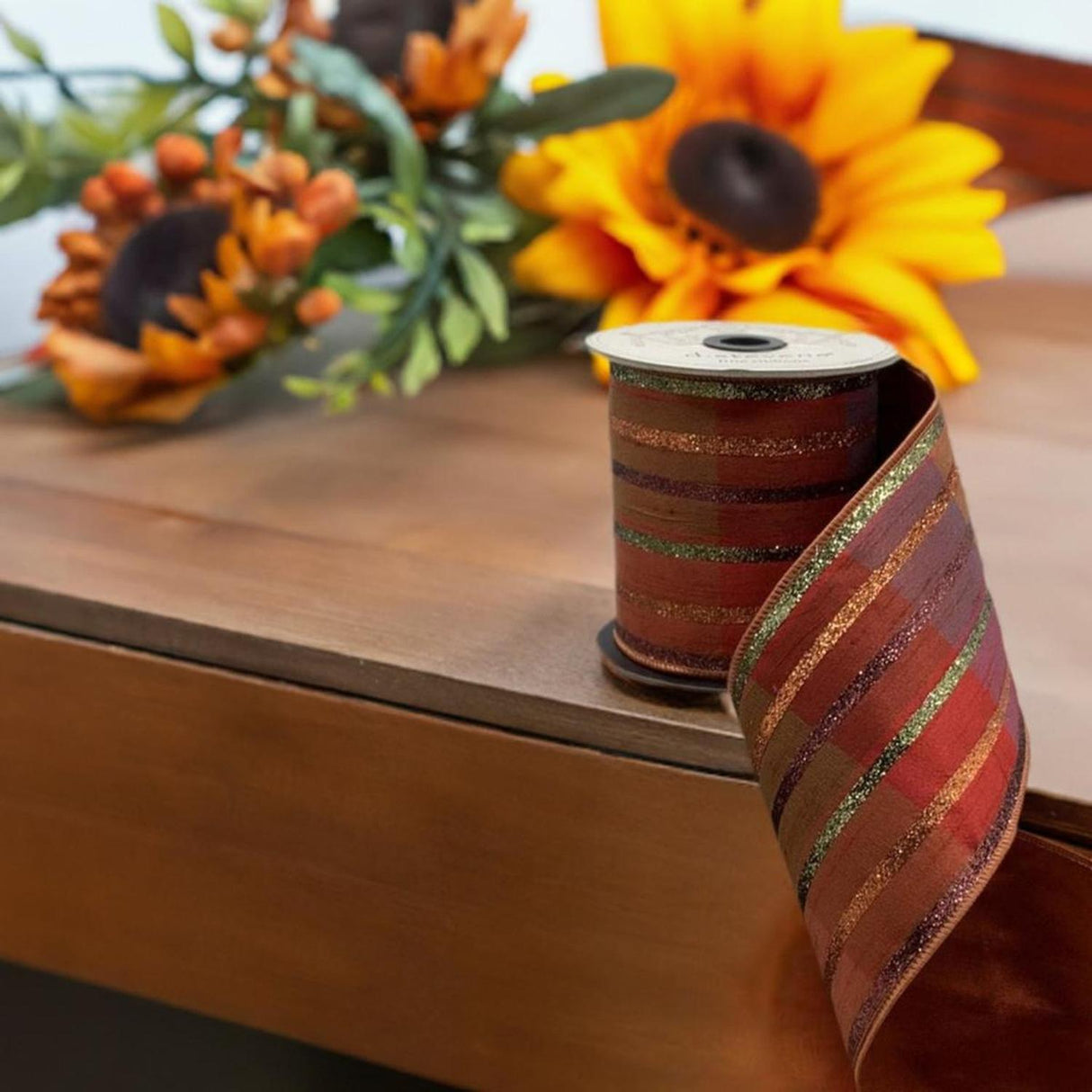 4" Plaid Glitter Stripe Ribbon: Autumn Orange (5 Yards)