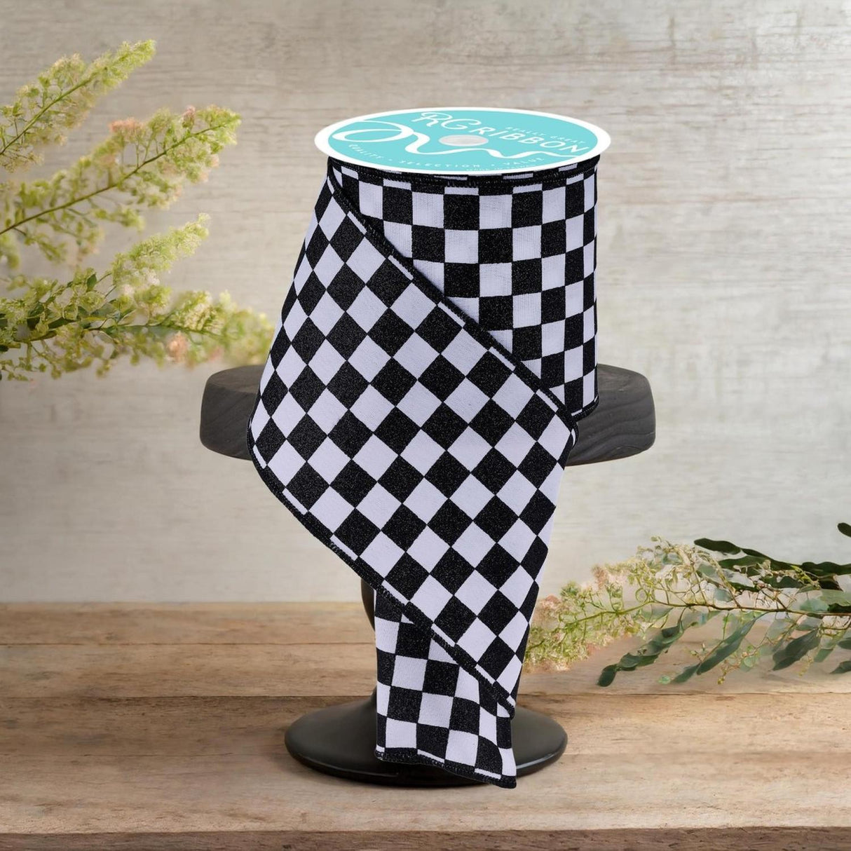 4in Glitter Check Ribbon: Black (10 Yards)