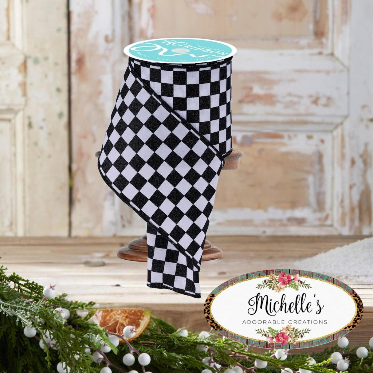 4in Glitter Check Ribbon: Black (10 Yards)