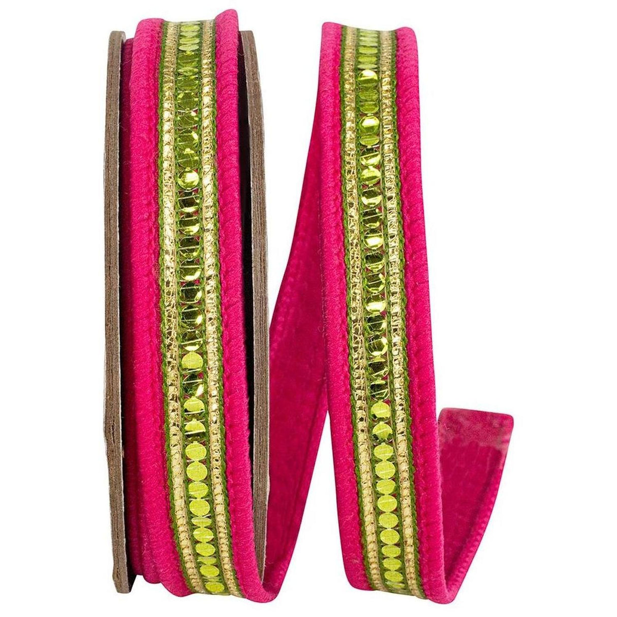 5/8" Sequin Trimmed Dupioni Ribbon: Lime/Pink (5 Yards)