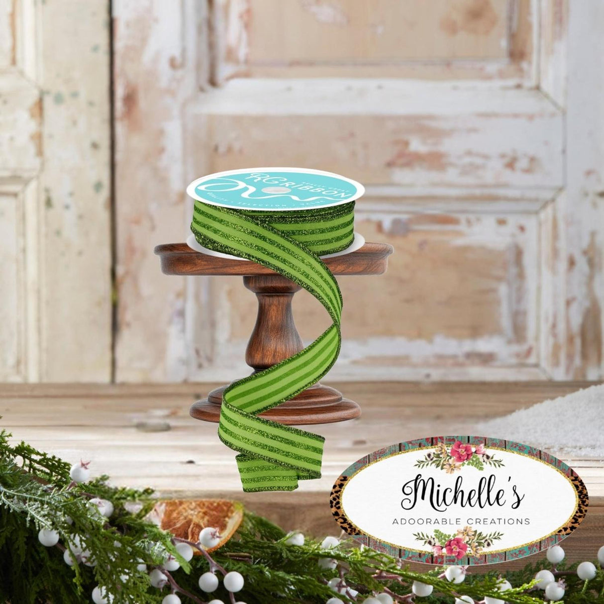 7/8" Glitter Vertical Stripe Ribbon: Lime Green (10 Yards)