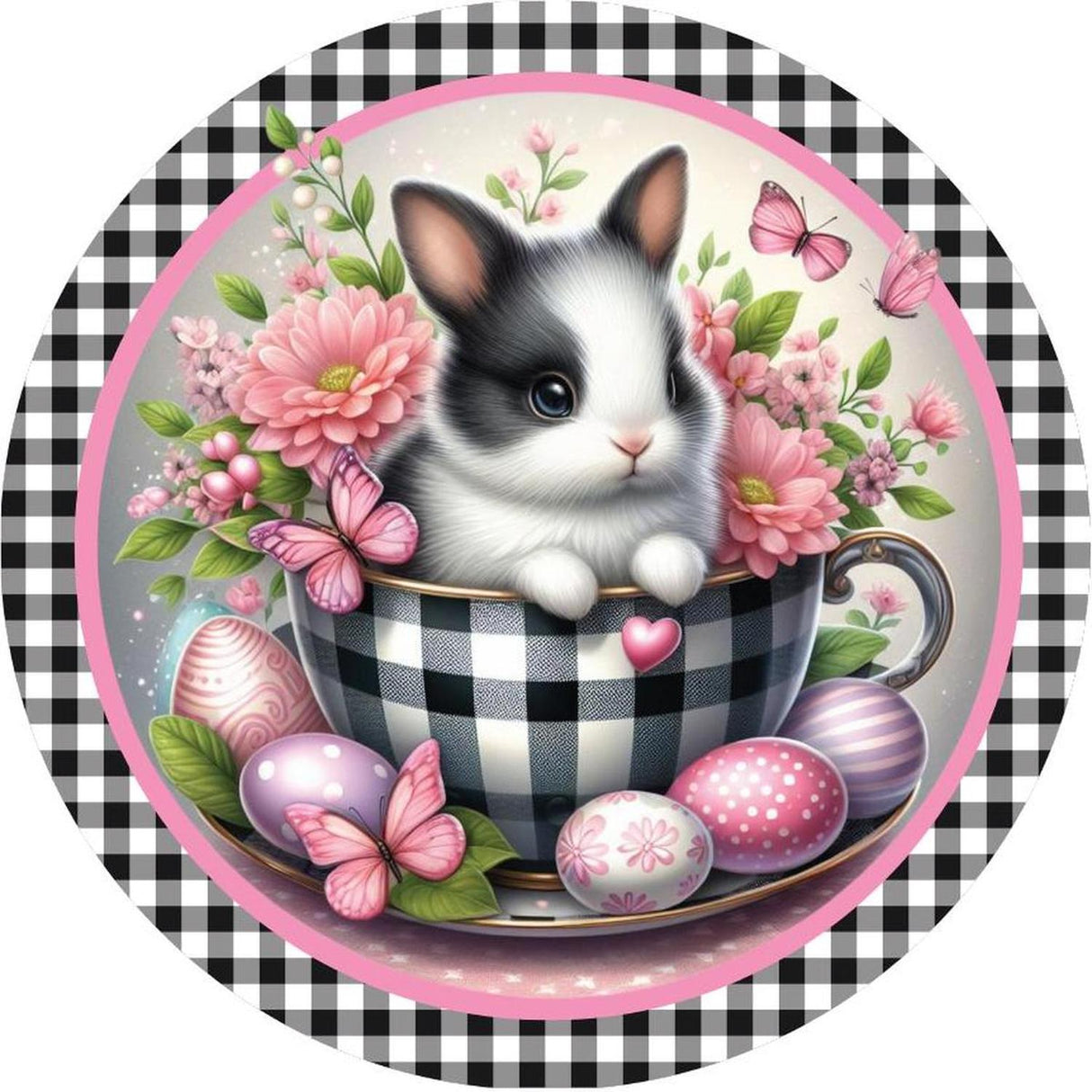 Black Check Easter Spring Bunny Teacup Sign