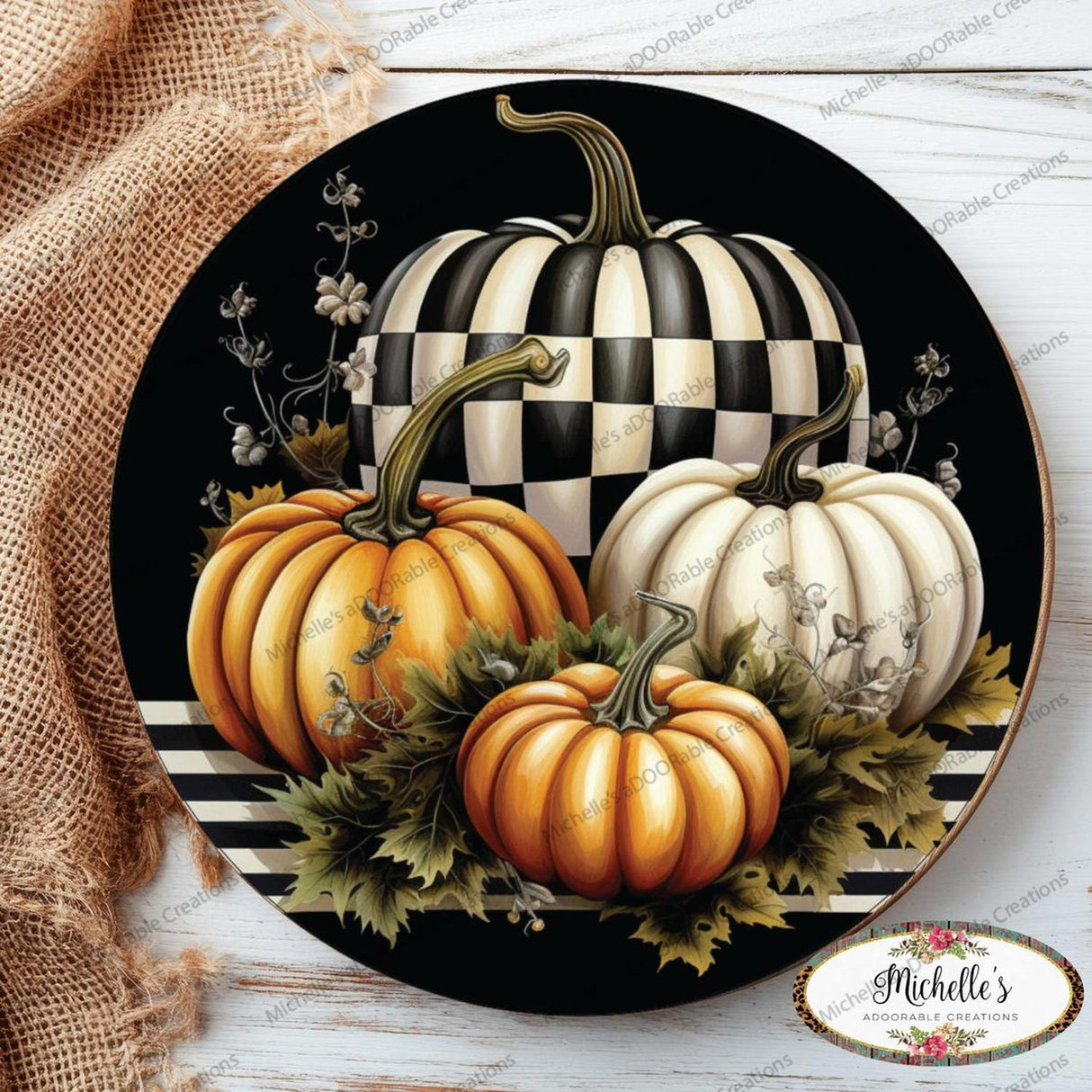 Black Checked Pumpkin Round Sign