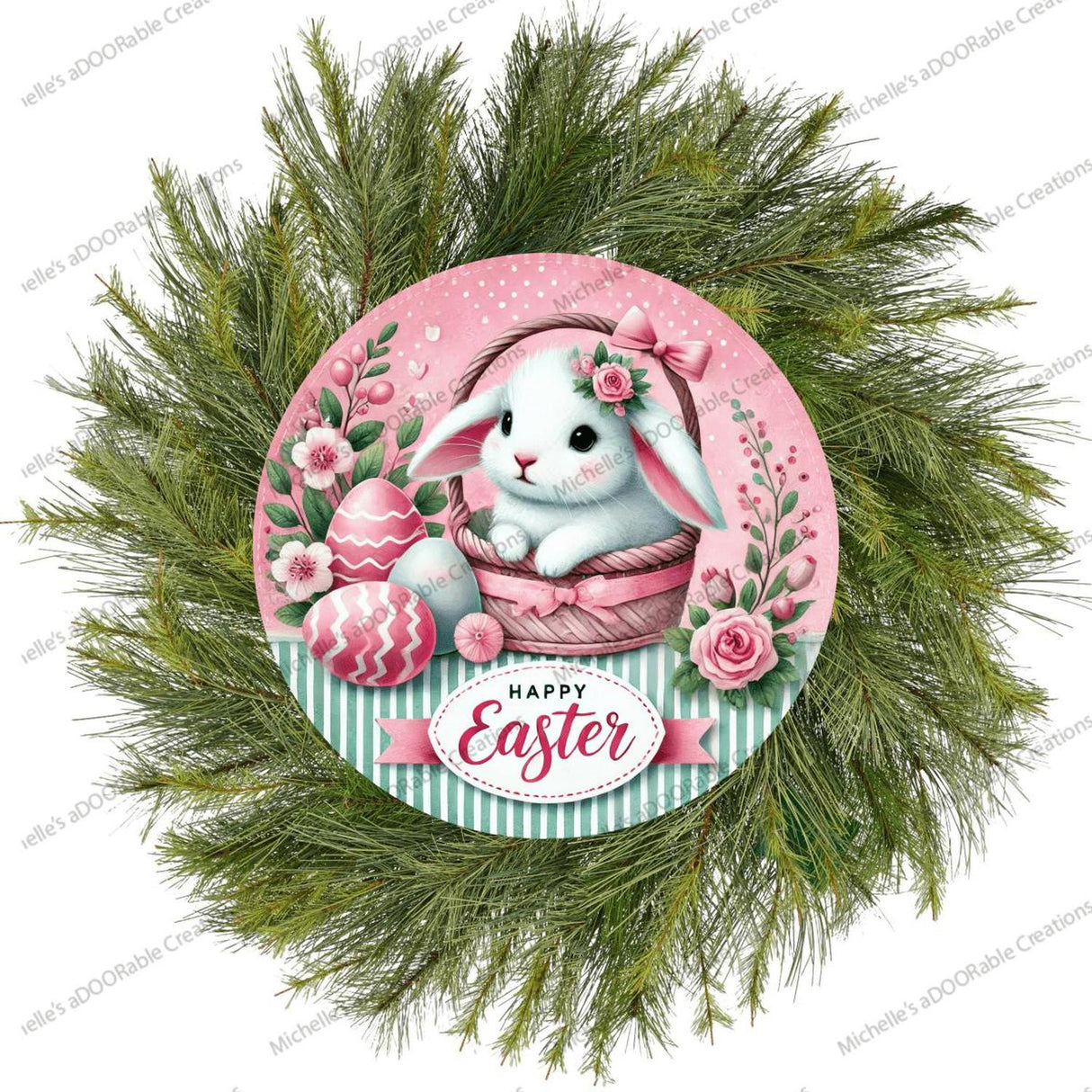 Happy Easter Bunny Basket Round Sign