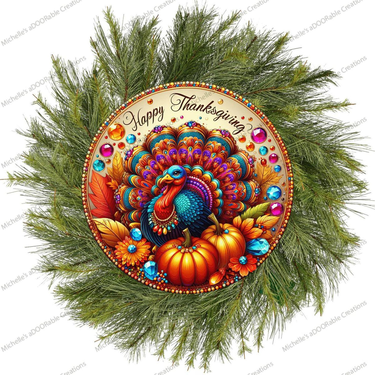 Happy Thanksgiving Jewel Turkey Round Sign