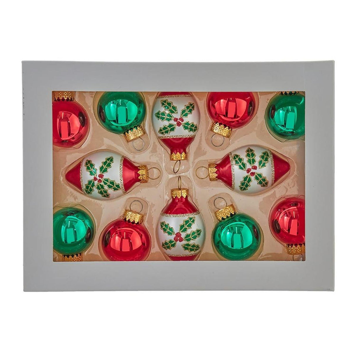 Kurt Adler 35MM Glass Green and Red Ball and Finial (Set of 12)