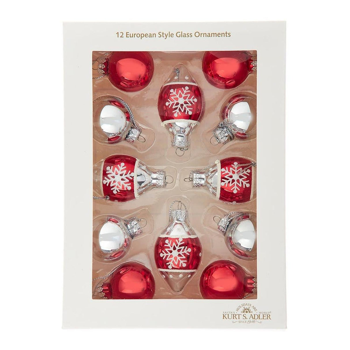 Kurt Adler 35MM Glass Red and Silver With Snowflake Ball 12-Piece Set