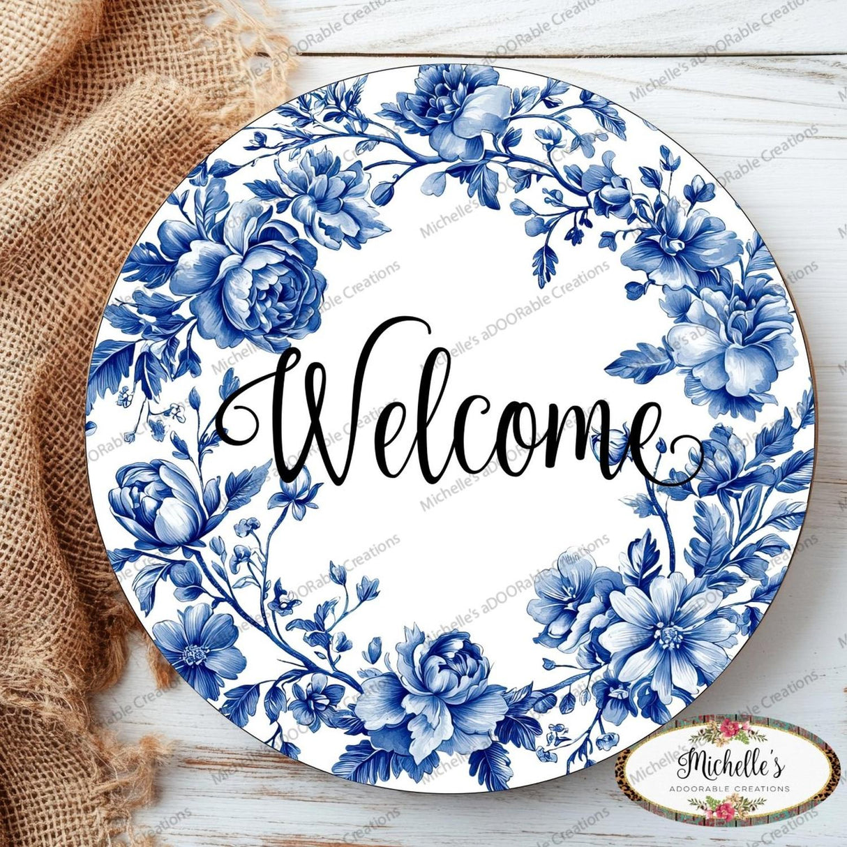 Welcome Blue Floral Round Sign