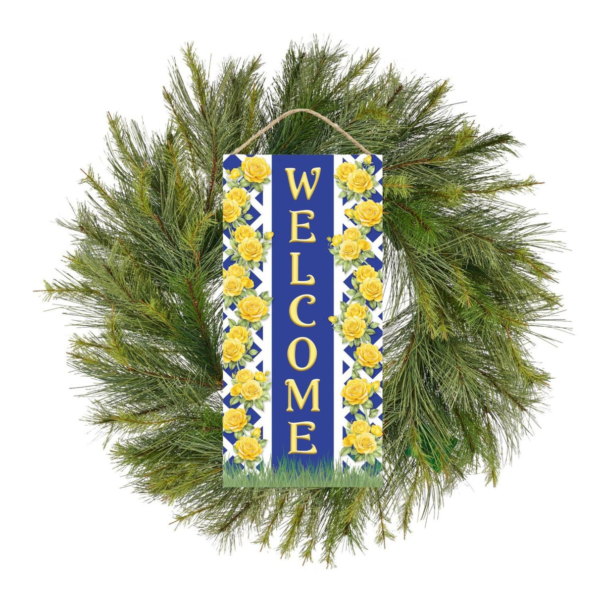 12" Welcome Blue Yellow Trellis Rose Sign