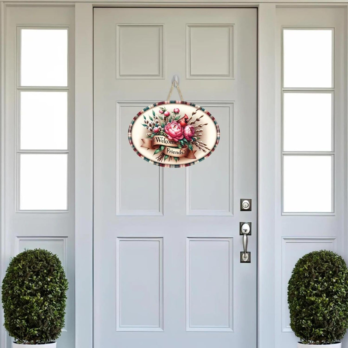 Welcome Friends Cardinal Peonies Oval Sign