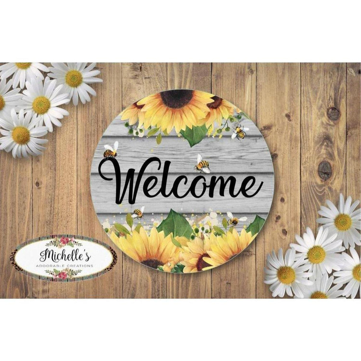 Welcome Sunflower Bumble Bee Round Sign