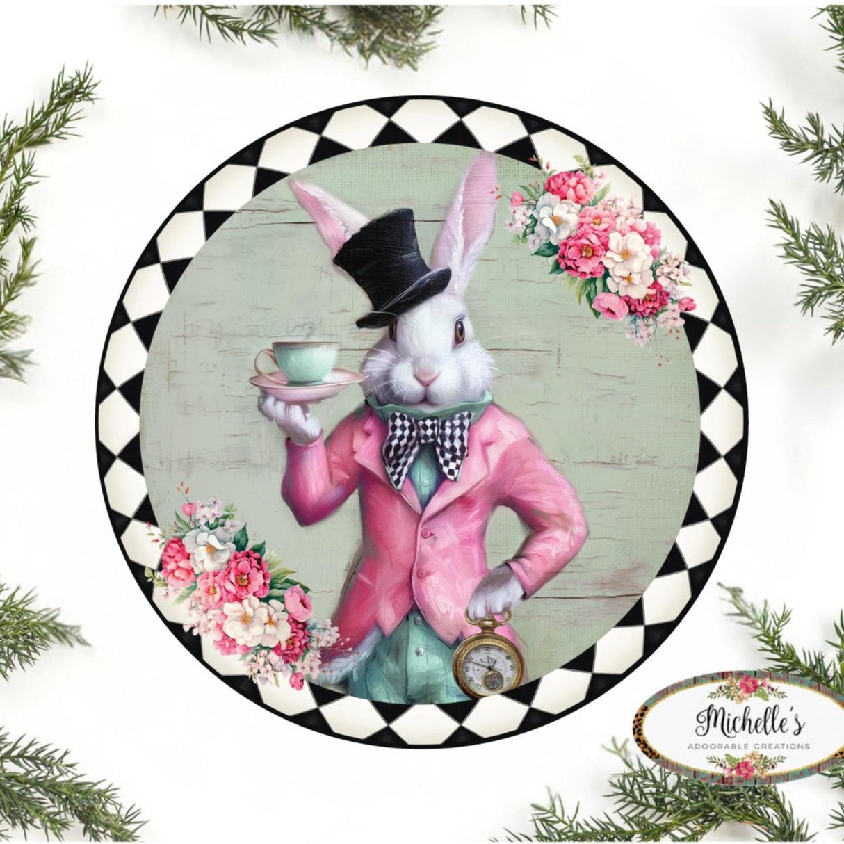 Whimsical Harlequin Bunny Round Sign