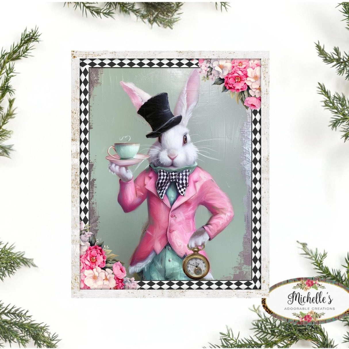 Whimsical Harlequin Vintage Bunny Sign