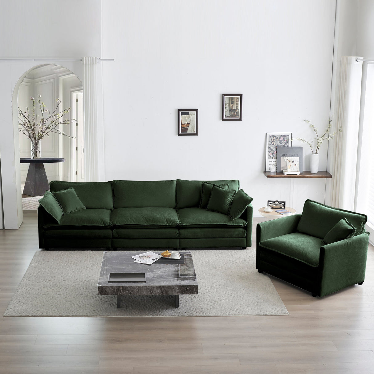 2-Piece Upholstered Sectional Sofa Set in Green Chenille