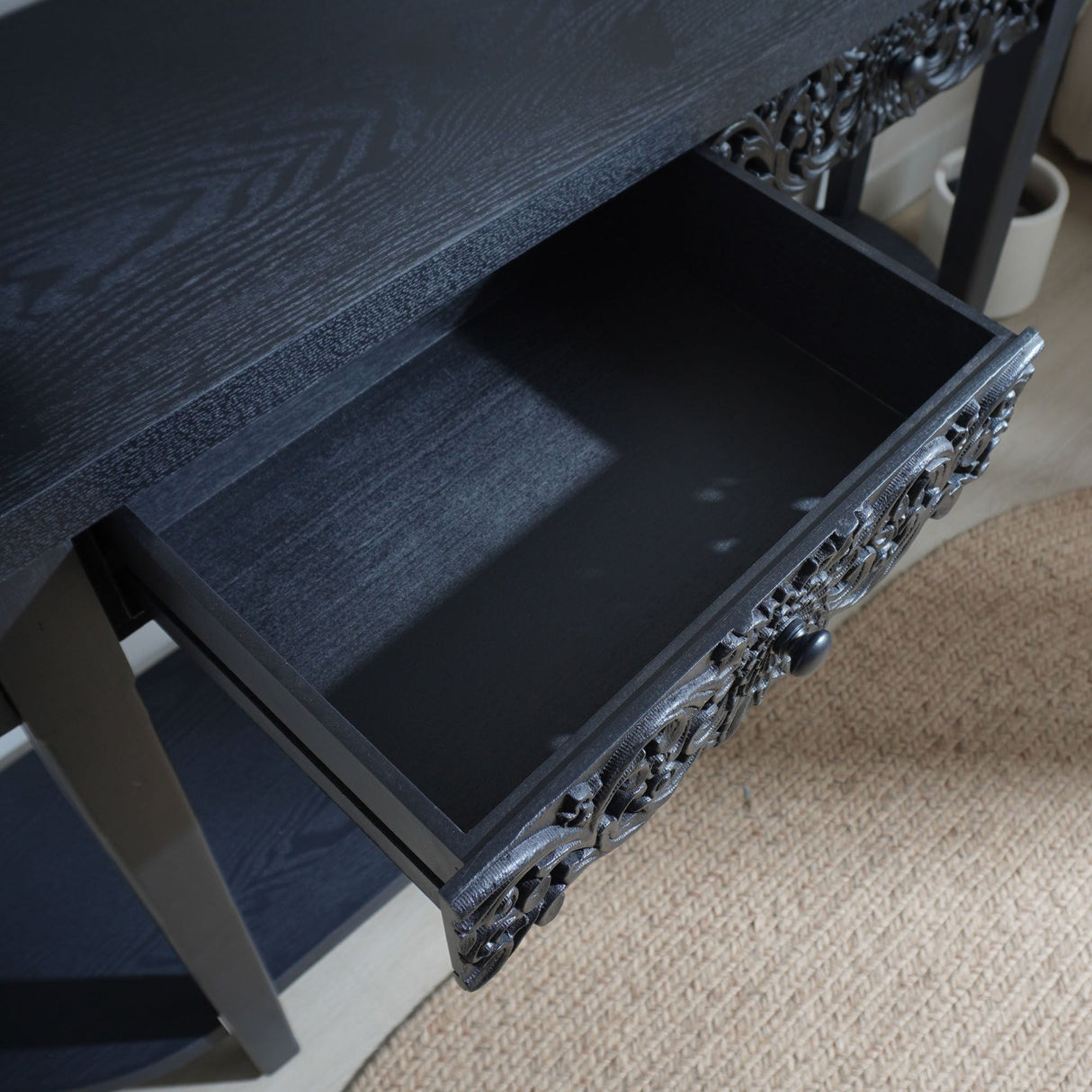 59.2in Black Carved Wooden Console Table with Lower Storage Shelf Tow Drawers– Elegant Decorative Accent for Entryway, Living Room, and Hallway