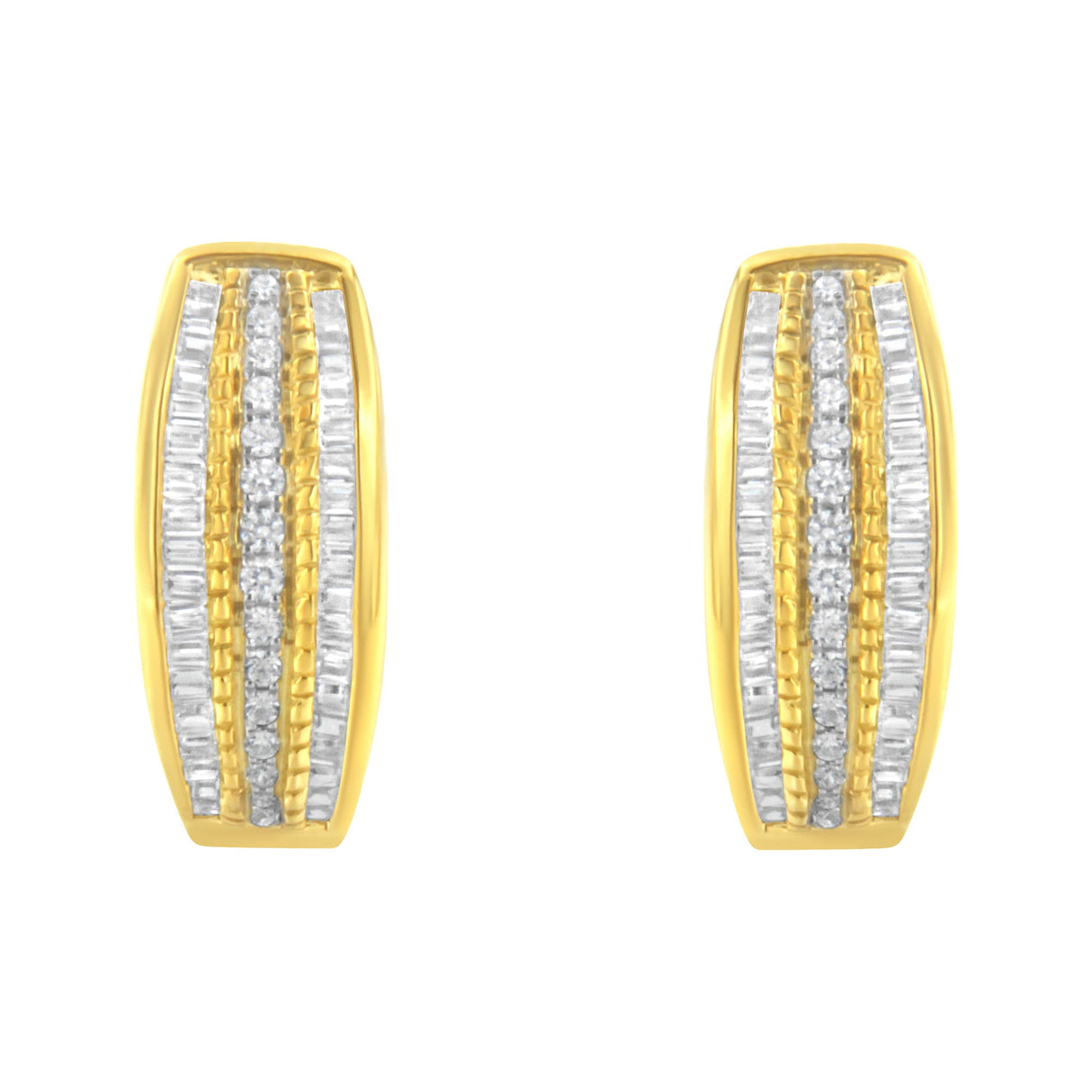 10K Yellow Gold 3/4 Cttw Pave and Channel Set Diamond Triple Row Modern Hoop Earrings (I-J Color, I2-I3 Clarity)