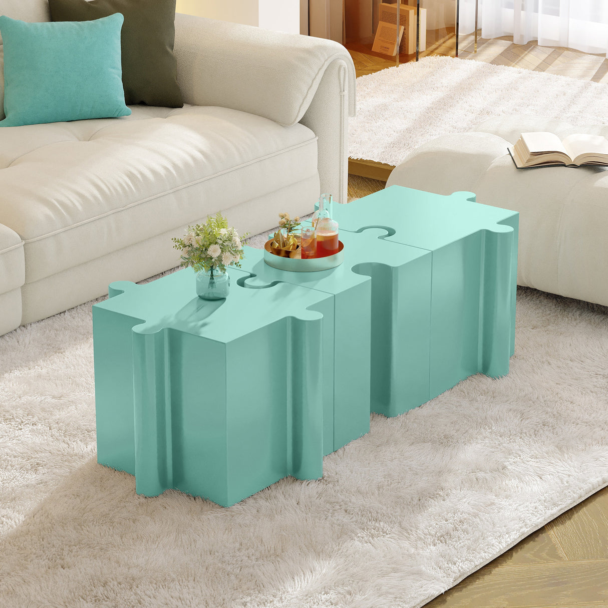 3-Piece Artistic Puzzle Table Set, Modular MGO Side Tables with Interlocking Design