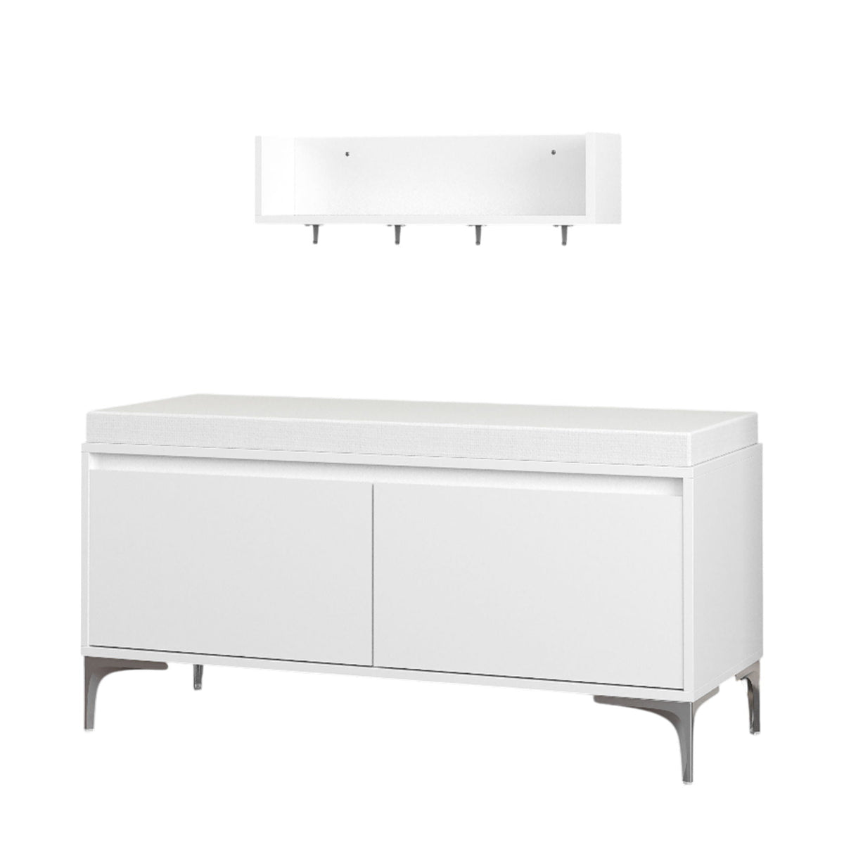 Wall Mounted Entryway Shelf and Storage Bench Set with Hooks and Storage - Off White